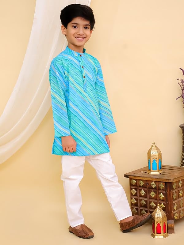 superminis Cottton Full Sleeves Lehariya Printed Kurta Pyjama Set for Boys (12-18 Months, Green) - Image 5