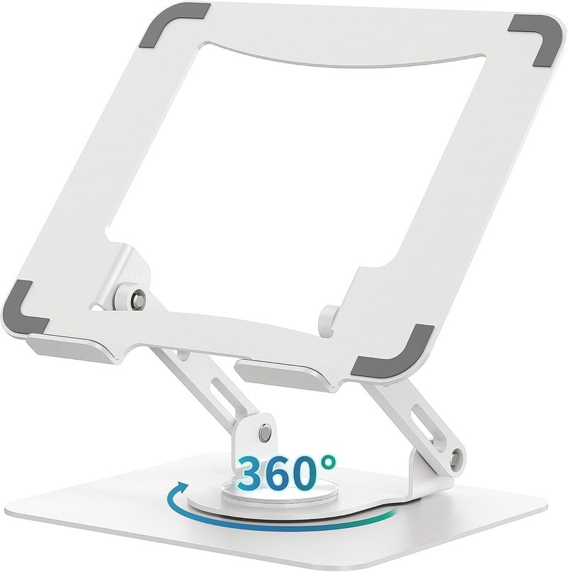 SOUNDANCE Laptop Stand with 360° Rotating Base, Ergonomic Computer Riser for Desk, Adjutable Height Muti-Angle, Foldable Laptop Mount, Stable Metal Holder Support 10-15.6" Notebook PC, White - Image 1