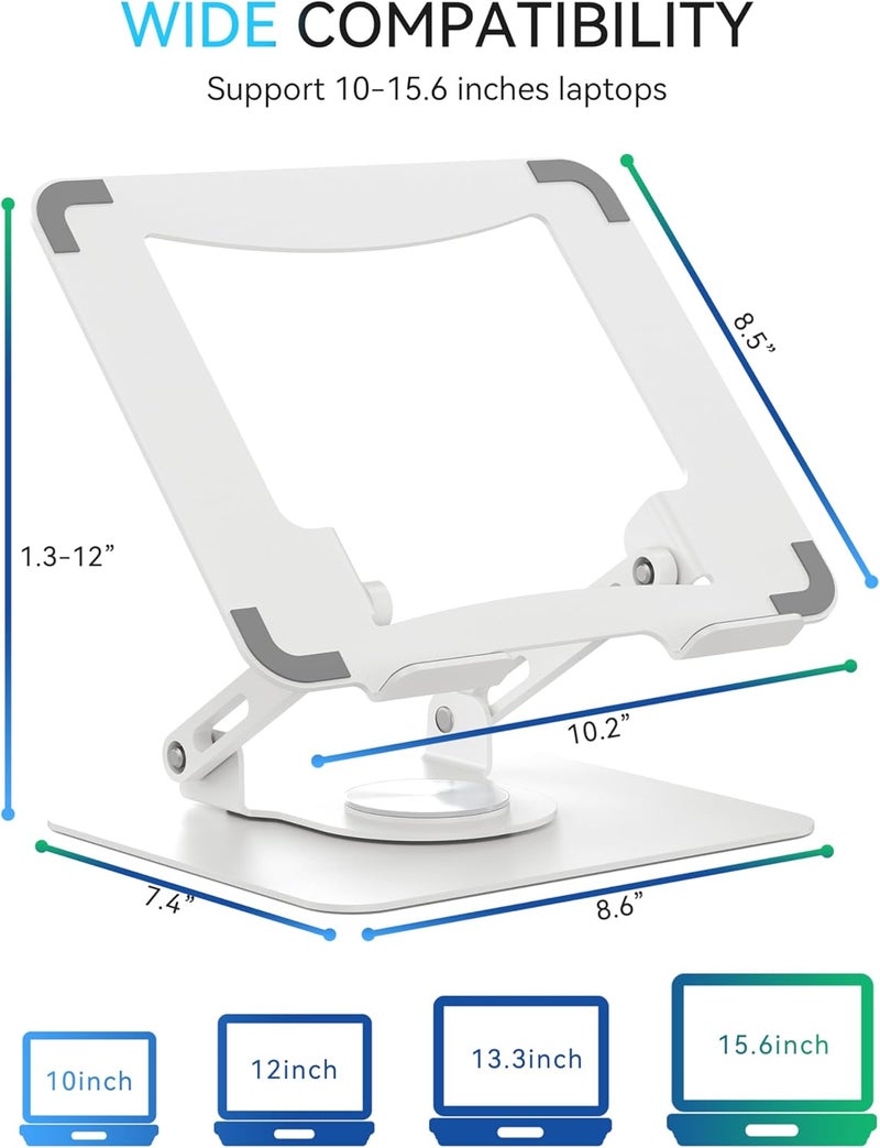 SOUNDANCE Laptop Stand with 360° Rotating Base, Ergonomic Computer Riser for Desk, Adjutable Height Muti-Angle, Foldable Laptop Mount, Stable Metal Holder Support 10-15.6" Notebook PC, White - Image 3