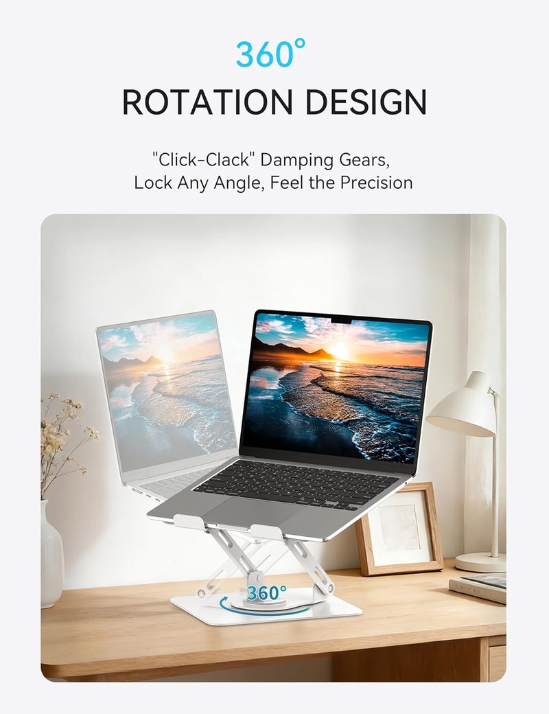 SOUNDANCE Laptop Stand with 360° Rotating Base, Ergonomic Computer Riser for Desk, Adjutable Height Muti-Angle, Foldable Laptop Mount, Stable Metal Holder Support 10-15.6" Notebook PC, White - Image 4