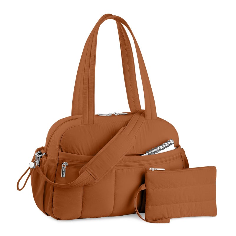 TOPDesign Travel Duffel Bag for Women, Puffer Gym Bag Sports Tote with Wet Pocket, Carry On Weekender with Luggage Sleeve (Brown) - Image 1