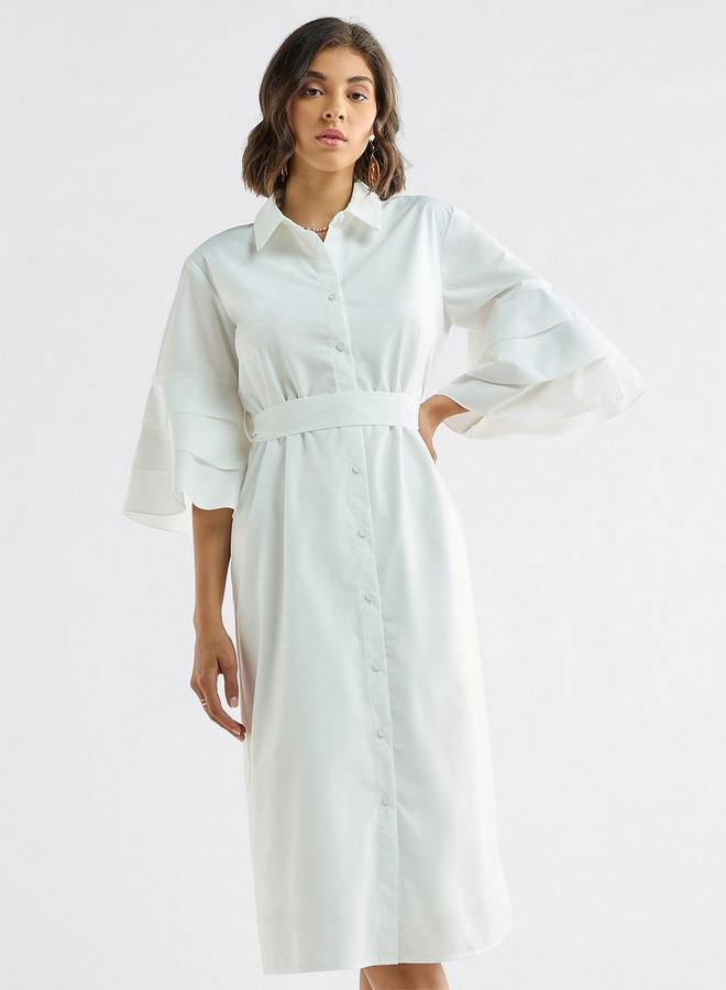 سبلاش فيڤ فستان قميص سادة بأكمام منفوخة وحزام - Image 1