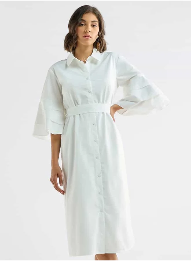 FAV Solid Shirt Dress with Ruffle Sleeves and Belt