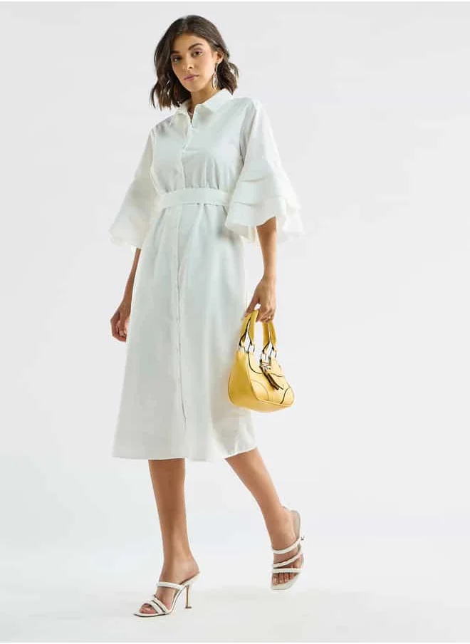 FAV Solid Shirt Dress with Ruffle Sleeves and Belt