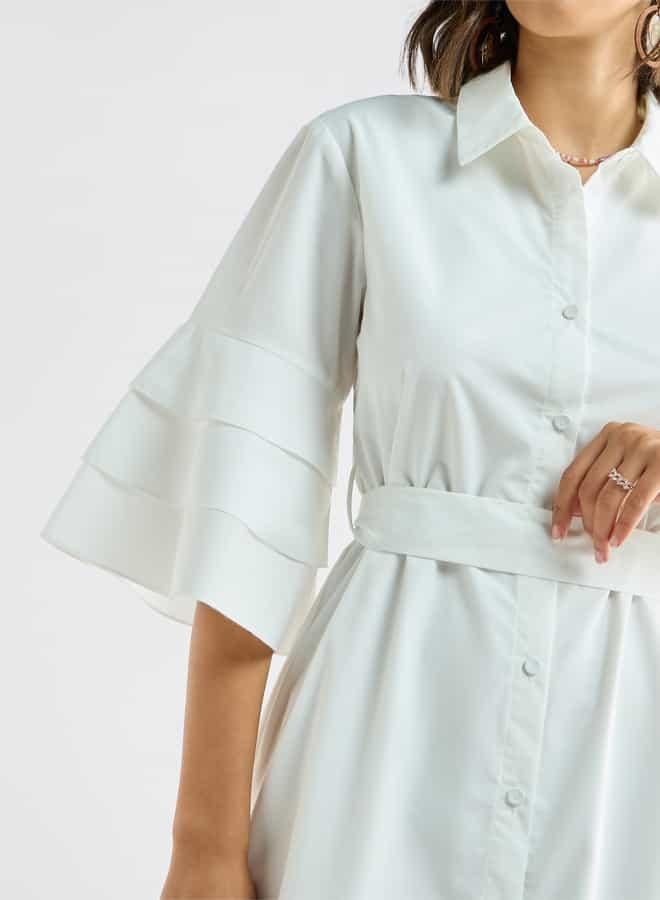 سبلاش فيڤ فستان قميص سادة بأكمام منفوخة وحزام - Image 4