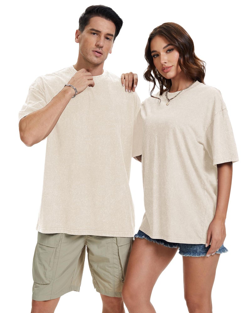 rosemia Oversized Tshirts for Men Vintage Short Sleeve Shirts Acid Wash Basic Tees, Plain Beige, L - Image 4