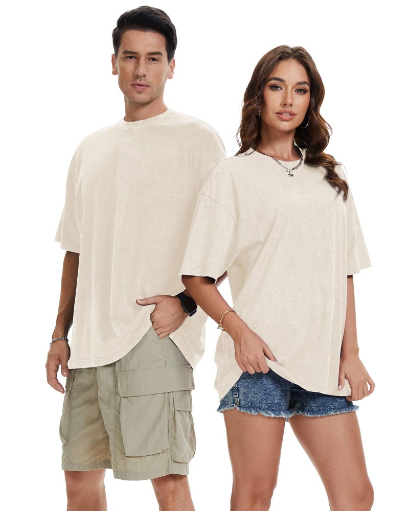 rosemia Oversized Tshirts for Men Vintage Short Sleeve Shirts Acid Wash Basic Tees, Plain Beige, L - Image 3