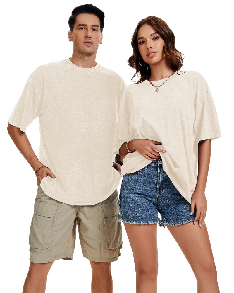 rosemia Oversized Tshirts for Men Vintage Short Sleeve Shirts Acid Wash Basic Tees, Plain Beige, L - Image 2