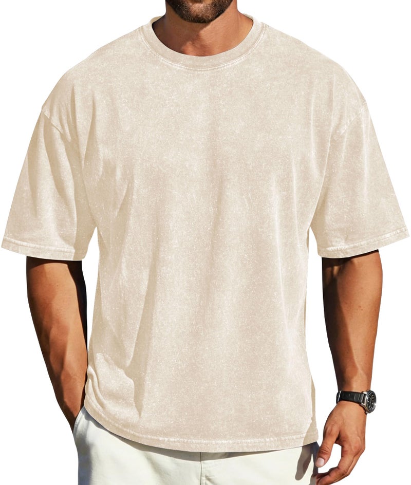 rosemia Oversized Tshirts for Men Vintage Short Sleeve Shirts Acid Wash Basic Tees, Plain Beige, L - Image 1