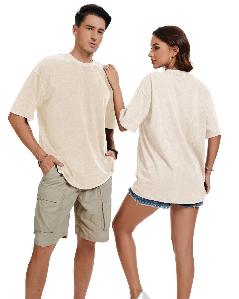 rosemia Oversized Tshirts for Men Vintage Short Sleeve Shirts Acid Wash Basic Tees, Plain Beige, L - Image 5
