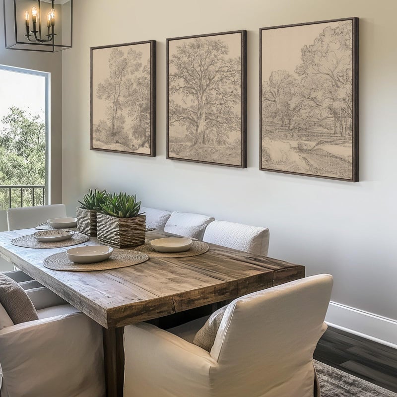 Cuspin Large Vintage Framed Neutral Landscape Wall Art for Living Rooms, 3 Piece Retro Big Tree Sketch Botanical Forest Antique Canvas Artwork Set, Rustic Nature Wabi Sabi Art Prints for Hallway Home Office 24x36 Inch - Image 2