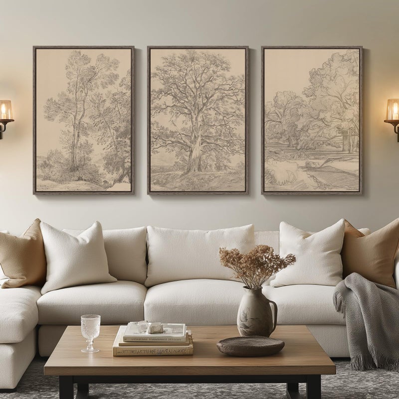 Cuspin Large Vintage Framed Neutral Landscape Wall Art for Living Rooms, 3 Piece Retro Big Tree Sketch Botanical Forest Antique Canvas Artwork Set, Rustic Nature Wabi Sabi Art Prints for Hallway Home Office 24x36 Inch - Image 1