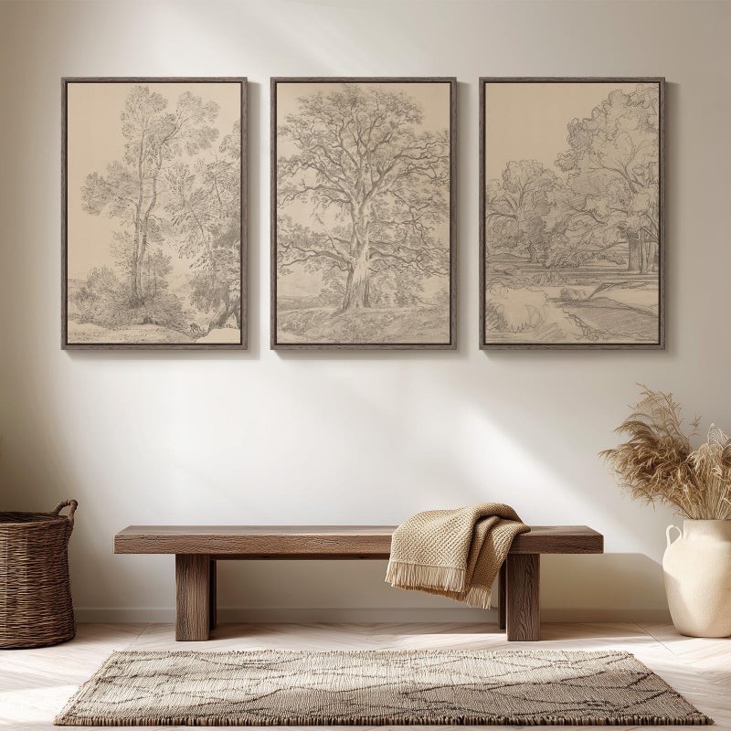 Cuspin Large Vintage Framed Neutral Landscape Wall Art for Living Rooms, 3 Piece Retro Big Tree Sketch Botanical Forest Antique Canvas Artwork Set, Rustic Nature Wabi Sabi Art Prints for Hallway Home Office 24x36 Inch - Image 4
