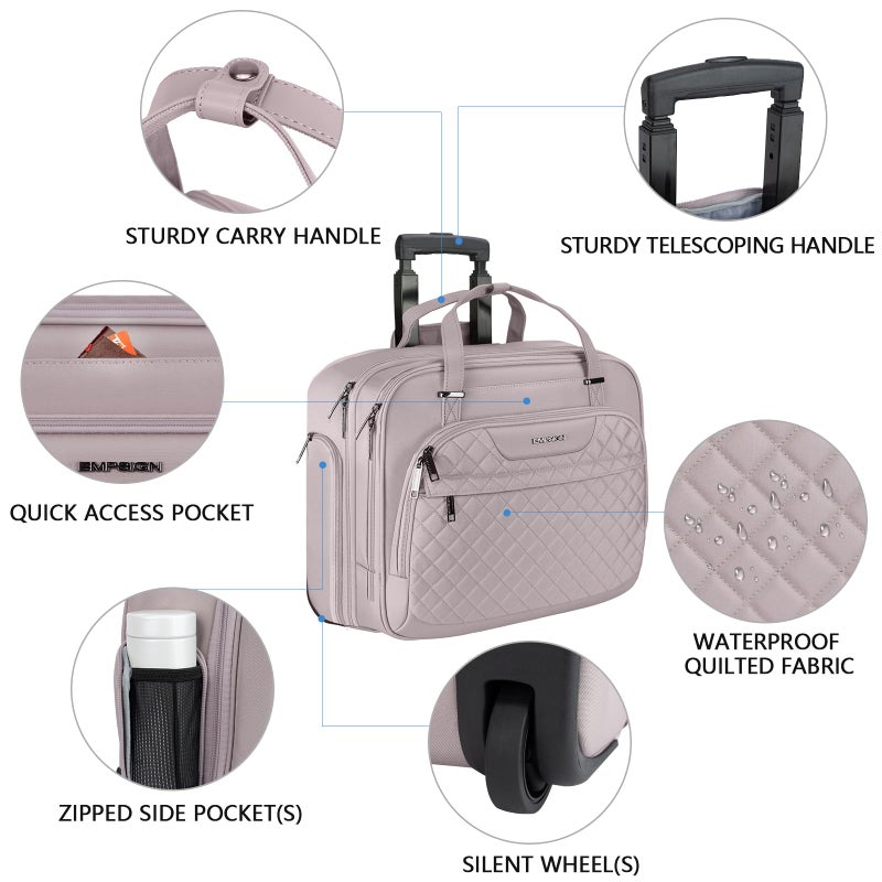 EMPSIGN Rolling Laptop Bag Women with Wheels, Briefcase for Women Fits Up to 15.6 Inch Laptop Briefcase on Wheels, Water-Repellent Overnight Rolling Computer Bag with RFID Pockets, Grey Pink - Image 4