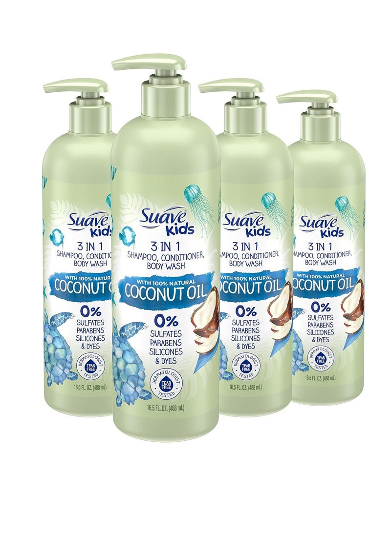 Suave Suave Kids Natural Coconut Oil 3-in-1 Tear Free, Body Wash, Shampoo and Conditioners, No Sulfates, No Parabens, No Silicones, No Dyes, 16.5 Oz Pack of 4  - Image 1