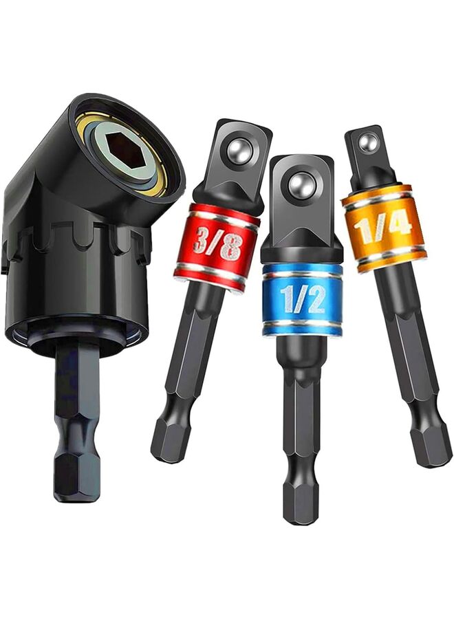 Right Angle Drill Adaptor,4-in-1Impact Drill Bit Extension,360° Rotatable 1/4 3/8 1/2" Impact Grade Socket Adapter Set,105 Degree Angle Screwdriver Drill Bit for Household (Color : COL - Image 1