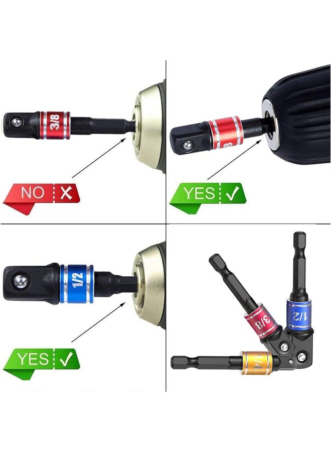 Right Angle Drill Adaptor,4-in-1Impact Drill Bit Extension,360° Rotatable 1/4 3/8 1/2" Impact Grade Socket Adapter Set,105 Degree Angle Screwdriver Drill Bit for Household (Color : COL - Image 3