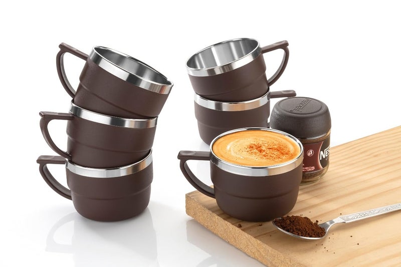 HAPPI Tea Cups Set Coffee Mug Insulated Stainless Steel Inner Stylist Double Wall Cup for Home Office Restaurant Use Tea Mugs Set of 6 (Brown) - Image 2