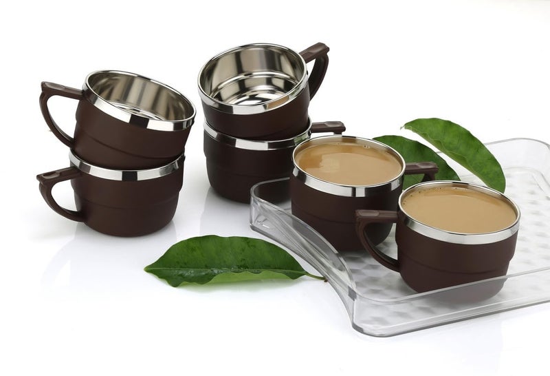 HAPPI Tea Cups Set Coffee Mug Insulated Stainless Steel Inner Stylist Double Wall Cup for Home Office Restaurant Use Tea Mugs Set of 6 (Brown) - Image 4