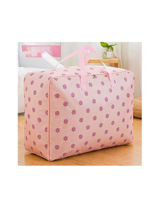 Large portable waterproof storage bag with zippers, made of thick, durable Oxford fabric. An organized bag ideal for travel, comforters, and blankets, in jumbo size 70 × 50 × 30 cm (pink with a red flower). - Image 1