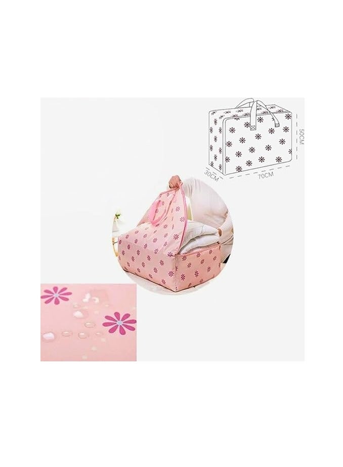 Large portable waterproof storage bag with zippers, made of thick, durable Oxford fabric. An organized bag ideal for travel, comforters, and blankets, in jumbo size 70 × 50 × 30 cm (pink with a red flower). - Image 2