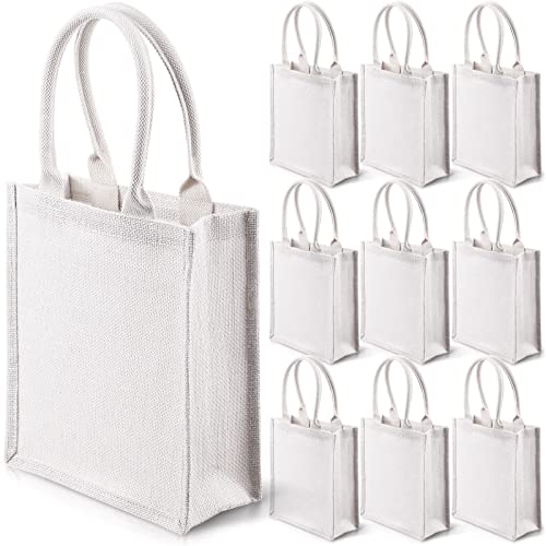 Saintrygo 10 Pcs Burlap Tote Bags Burlap Gift Tote with Handles Reusable Beach Bridesmaid Welcome Bags for DIY Wedding Shopping Pool Party Favor, 11.1''x 9.5''x 4.2''(White) - Image 1