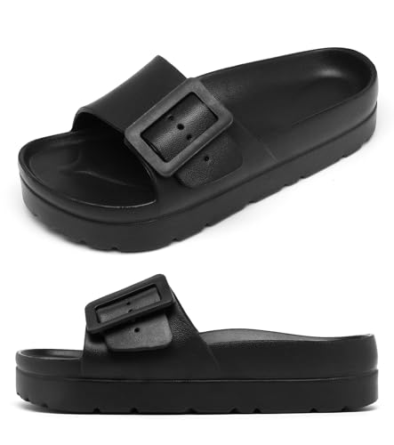 Haifago Women's Black Platform Sandals with Arch Support, Adjustable Single Buckle Slides, Comfort EVA Slide Lightweight Thick Soles - Image 1