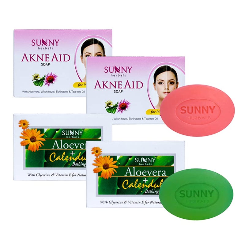 Sunny Akne Aid Soap(75gm*2) & Aloevera Calendula Bathing Bar (75gm*2) | Helps Reducing Infection of Skin | Witch Hazel Removes Excess oil | Antioxidant | For Scarring, Sunburn, Give Soft & Supple Skin - Image 1