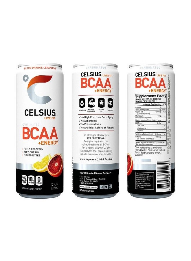 Celsius - Bcaa +Energy Sparkling Postworkout Recovery & Hydration Drink Slim Can Blood Orange Lemonade 12 Fl Oz (Pack Of 12) - Image 1