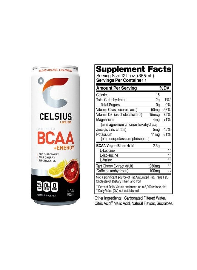 Celsius - Bcaa +Energy Sparkling Postworkout Recovery & Hydration Drink Slim Can Blood Orange Lemonade 12 Fl Oz (Pack Of 12) - Image 1