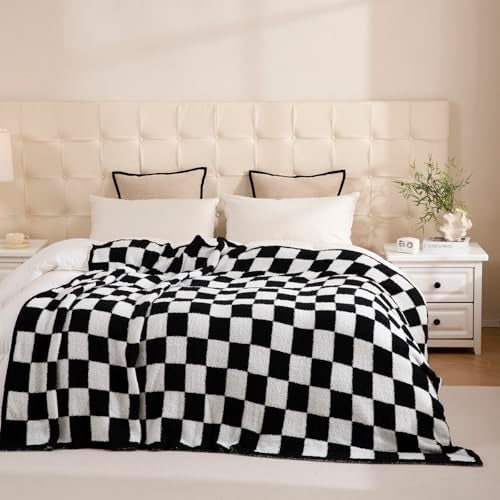 YIRUIO Checkered Knit Throw Blanket Ultra Soft Microfiber Reversible,Fluffy Fuzzy Cozy Throw for Bed,Sofa Couch Home Decor Gift Black - Image 2
