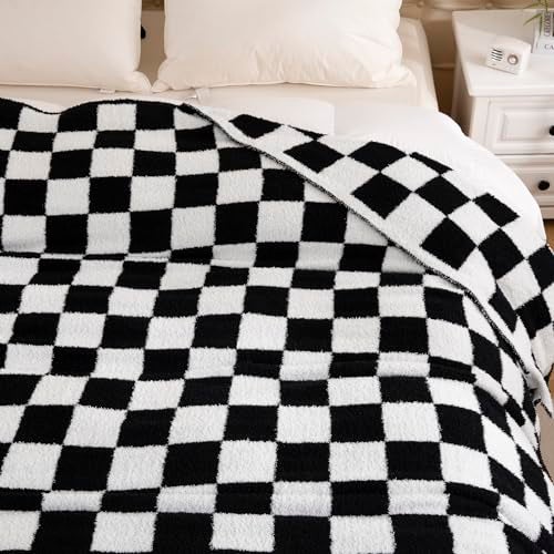 YIRUIO Checkered Knit Throw Blanket Ultra Soft Microfiber Reversible,Fluffy Fuzzy Cozy Throw for Bed,Sofa Couch Home Decor Gift Black - Image 3