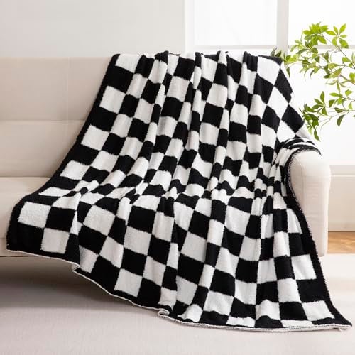YIRUIO Checkered Knit Throw Blanket Ultra Soft Microfiber Reversible,Fluffy Fuzzy Cozy Throw for Bed,Sofa Couch Home Decor Gift Black - Image 1
