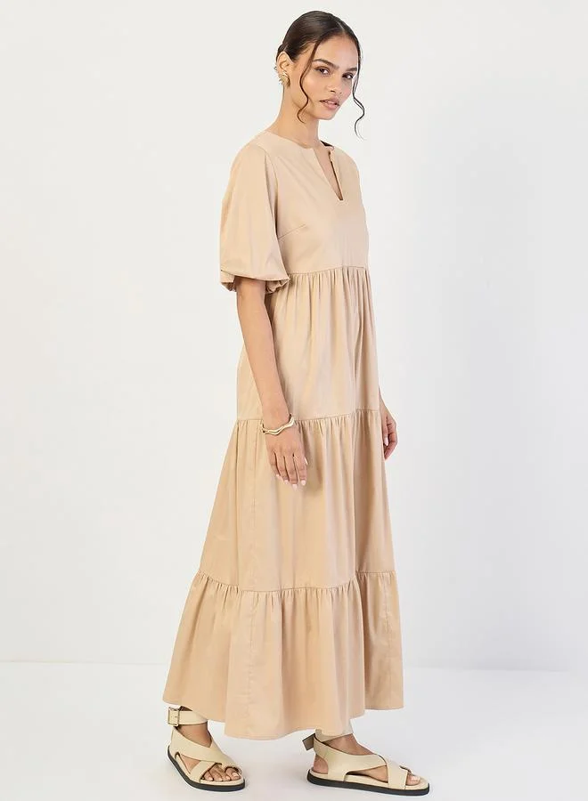 Femmella Beige Cotton Puff Sleeve Tiered Maxi Dress