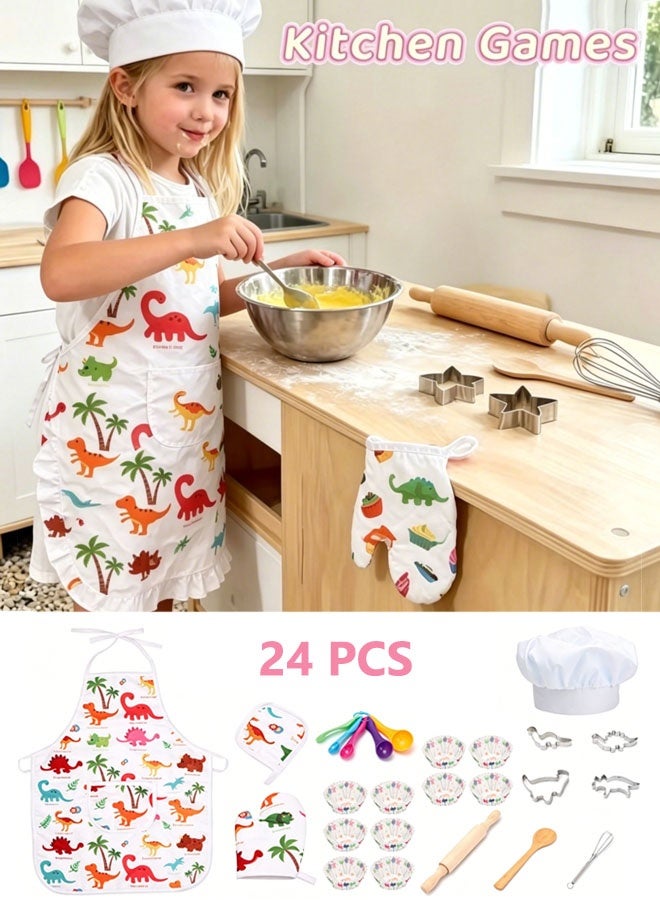 Kids Chef Set,Kitchen Pretend Toys for Girls,Kids Apron and Chef Hat Set, Mini Role-Play Chef Kitchen Baking Tool Apron Set, Kids Chef Role Play Set ,Adjustable Children Kitchen Apron with Pockets for Cooking, Baking & Painting, Simulated Cake Decoration24 Pcs Set Cooking Gift for Boys & Girls - Image 1