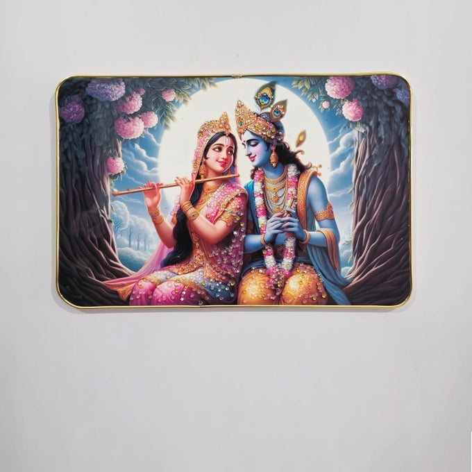 RADHA KRISHNA WALL PAINTING CRYSTAL EMBEDDED HIGH GLOSS GOLD SLIM FRAME 45X30CM WALL ART FOR LIVING ROOM BEDROOM DRAWING ROOM OFFICE