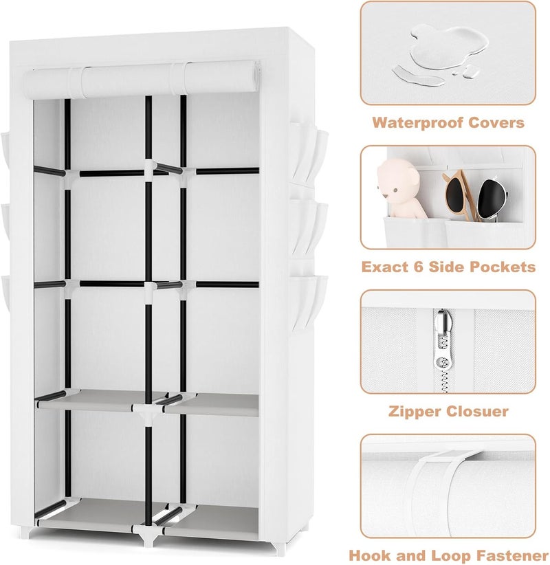 VTRIN Portable Closet Wardrobe Closet for Hanging Clothes with 4 Storage Shelves, 2 Hanging Rods and 6 Pockets, Stable and Easy Assembly Clothes Rack with Cover Free Standing Closet White - Image 4
