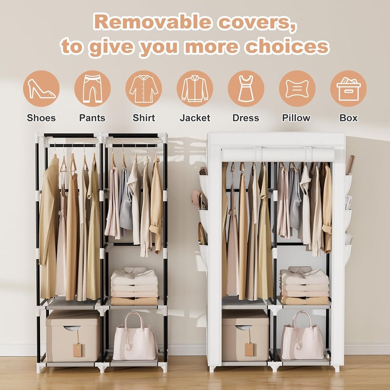 VTRIN Portable Closet Wardrobe Closet for Hanging Clothes with 4 Storage Shelves, 2 Hanging Rods and 6 Pockets, Stable and Easy Assembly Clothes Rack with Cover Free Standing Closet White - Image 5