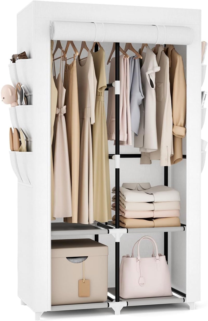 VTRIN Portable Closet Wardrobe Closet for Hanging Clothes with 4 Storage Shelves, 2 Hanging Rods and 6 Pockets, Stable and Easy Assembly Clothes Rack with Cover Free Standing Closet White - Image 1
