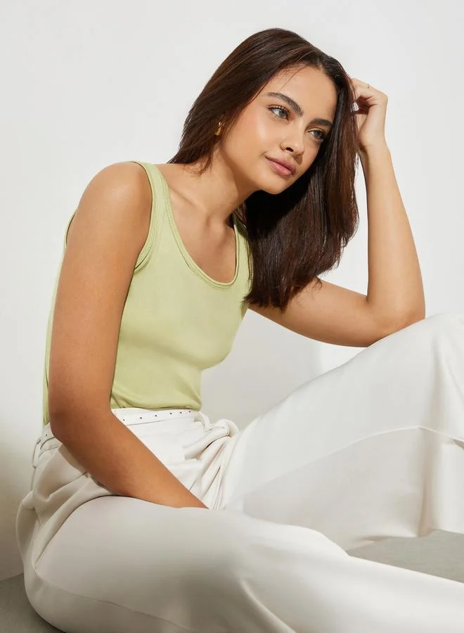 Styli Green Ribbed Round Neck Tank