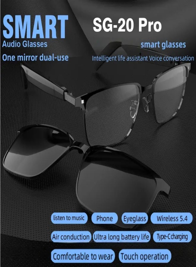 نظارات SG-20 Pro الذكية للصوت بتقنية البلوتوث 5.4، تحكم باللمس، ميكروفون مدمج، صوت ستيريو عالي الجودة Hi-Fi، شحن سريع Type-C، بطارية طويلة الأمد، تصميم خفيف وأنيق – مثالية للأعمال والسفر والرياضة - Image 1
