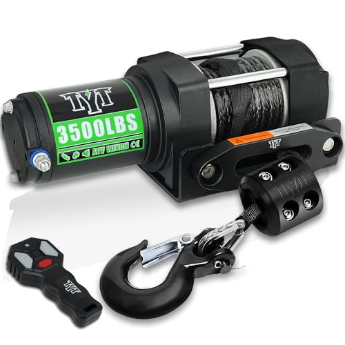 TYT 3500 lb ATV Winch, 12V DC Electric Winch with Wireless Remote and Wired Switch, 7/32"x 30FT Synthetic Winch Rope with Fairlead and Winch Mounting Plate - Image 1