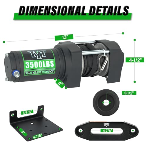 TYT 3500 lb ATV Winch, 12V DC Electric Winch with Wireless Remote and Wired Switch, 7/32"x 30FT Synthetic Winch Rope with Fairlead and Winch Mounting Plate - Image 5