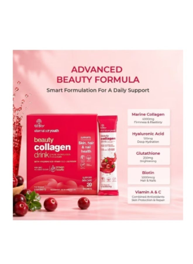 Gardeno Eternal Youth Marine Collagen Drink With Glutathione & Biotin – Cranberry Flavor, 20 Sachets (5g Each) - Image 2
