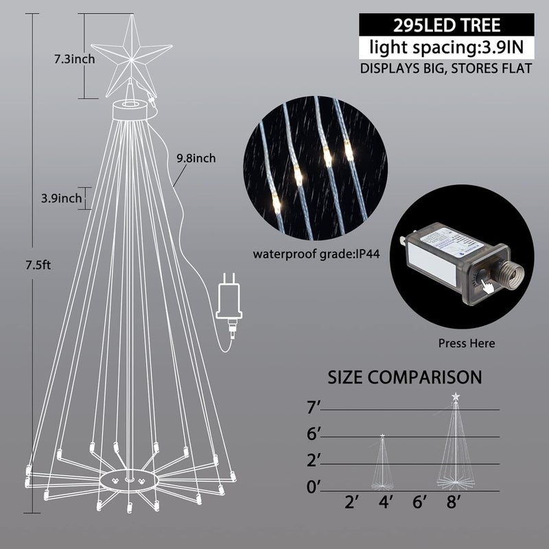 Brightown Christmas Cone Tree Light 7ft 295 LED Light Show Christmas Tree with 8 Modes Timer Remote Dimmable Artificial Christmas Tree for Porch Yard Patio Indoor Outdoor Xmas Holiday Decor Warm White - Image 5