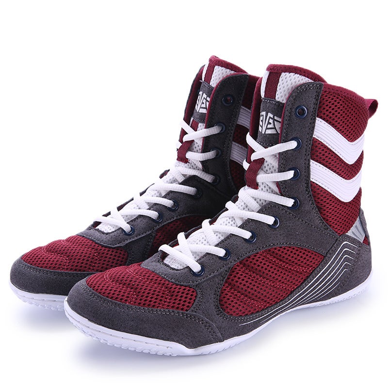 Generic High-top mens and womens boxing shoes non-slip, breathable, wear-resistant, suitable for wrestling, Sanda and other comprehensive training fitness Grey/Bordeaux
