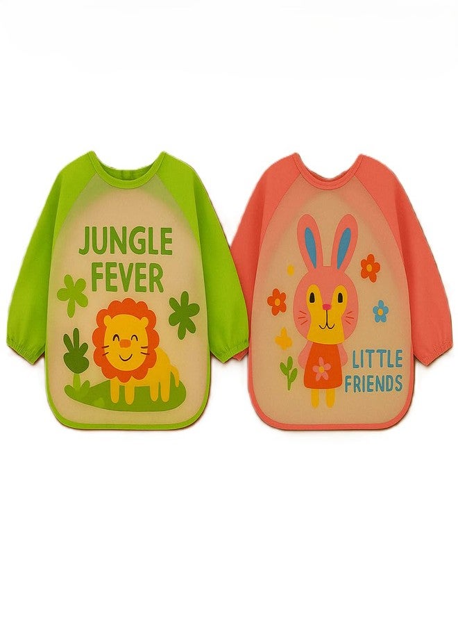 KIDS BASIC Long Sleeves Bibs for Baby | knot Closure | Lightweight & Durable | Waterproof Baby Bibs - (Pack of 2), Print May Vary (Pink & Green) - Image 1