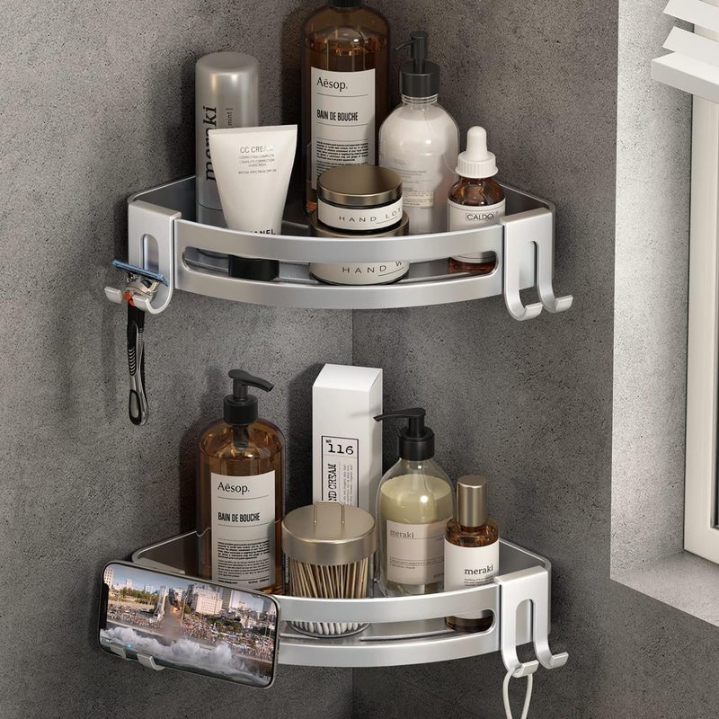 Voldra Shower Caddy with 4 Hooks, Adhesive Corner Shower Shelf with Razor Holder, Rustproof Shower Storage, Silver 2 Pack - Image 1