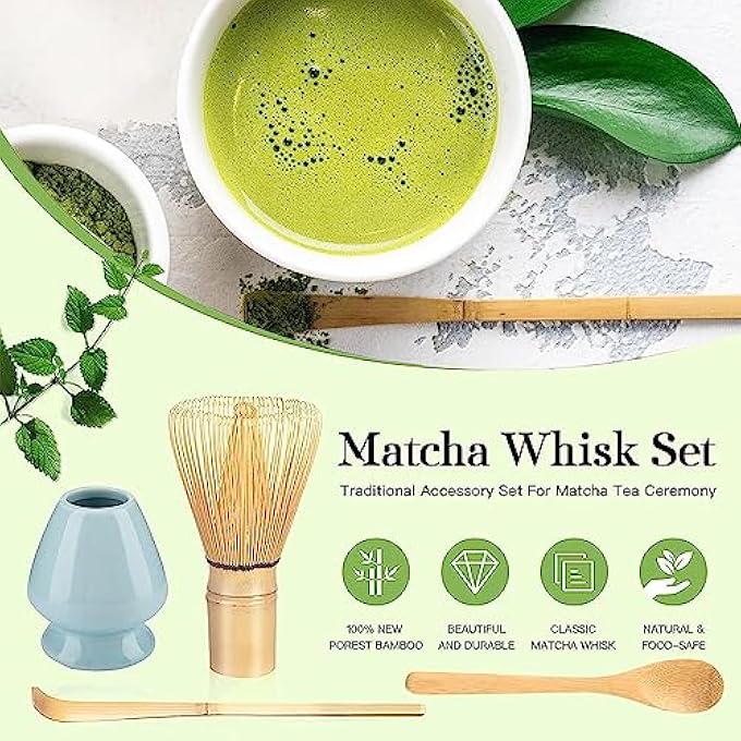 U-HOOME Matcha Whisk Set 4Pcs Japanese Ceremonial Matcha Chasen For Green Tea Powder Matcha Ceremony AccessoryMatcha Whisk Chasen Traditional Scoop Chashaku Tea Spoon Whisk Holder Green - Image 4