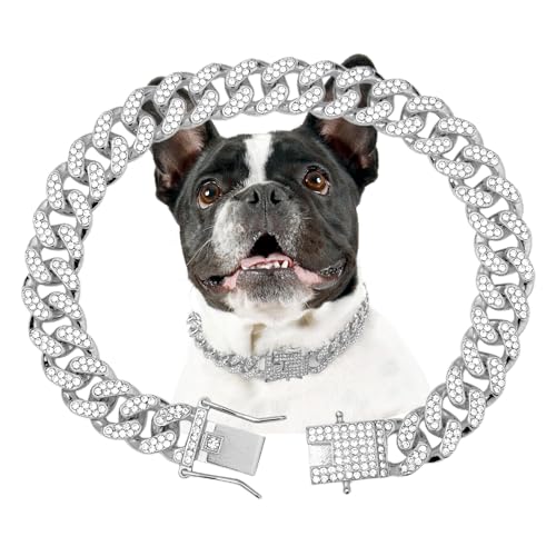 THAMIAO Dog Chain Collar Silver dog necklace Diamond Cuban Link Dog Collar 13mm Wide Metal Pet Cat dog Chain Crystal Collar Jewelry Accessories for Large Medium Small Dogs CatsSilver14 Inch - Image 1
